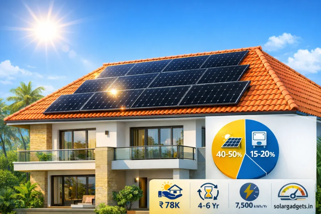 Modern Indian home with 5kW rooftop solar panels on terracotta roof under sunny sky, featuring cost breakdown infographic for 2026 India pricing, PM Surya Ghar subsidy, and energy savings.