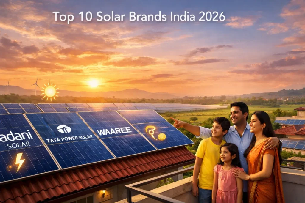 Solar panels on modern Indian rooftops and vast solar farm at golden hour sunset, showcasing top brands Adani Solar, Tata Power Solar, and Waaree Energies powering India's 2026 clean energy revolution.