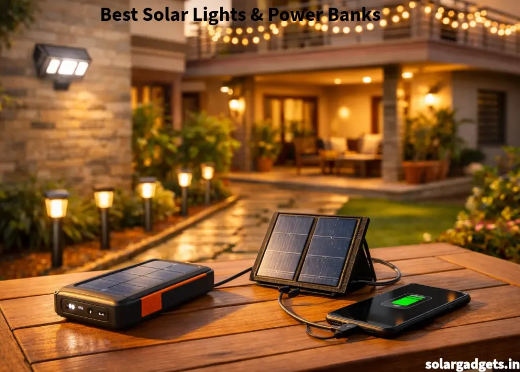 A modern Indian home courtyard at golden hour, with solar pathway lights along a stone walkway, a solar security flood light on the wall, decorative solar string lights on a balcony, and a solar power bank with solar panel charging a smartphone on a wooden table.