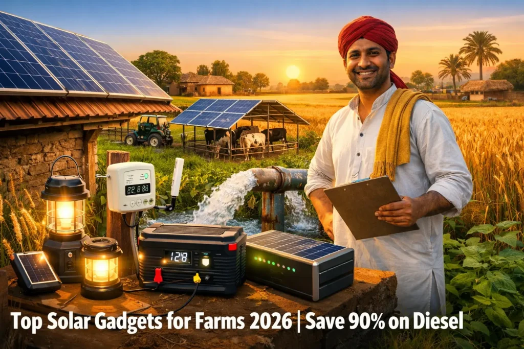 Top Solar Gadgets for Rural Farms Punjab India 2026 Save 90% Diesel Photorealistic image of a smiling Punjab farmer on a golden wheat field at sunset, inspecting a solar water pump amid lush rural landscape; features key solar gadgets like panels, lanterns, IoT sensors, agrivoltaic shades, fence chargers, and batteries glowing vibrantly, with text overlay "Top Solar Gadgets for Farms 2026 Save 90% on Diesel".