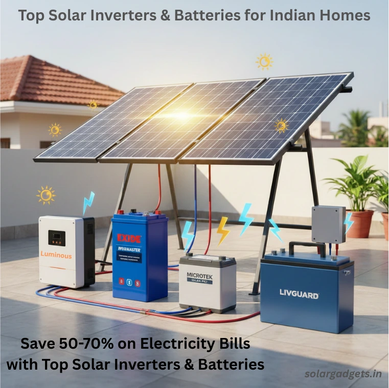 Best solar inverters and batteries for Indian homes 2026: Luminous hybrid inverter, Exide tubular battery, Microtek PCU, Livguard lithium-ion on rooftop with panels.