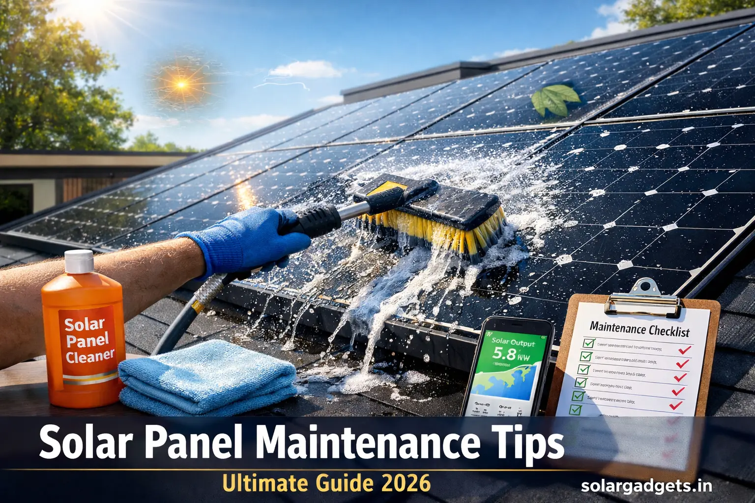 Image of rooftop solar panels being cleaned on a sunny day: gloved hand using soft brush and hose to rinse dirt from black monocrystalline panels, with maintenance tools like detergent, smartphone app, and checklist in foreground. Subtle icons represent hotspots, cracks, and shading.