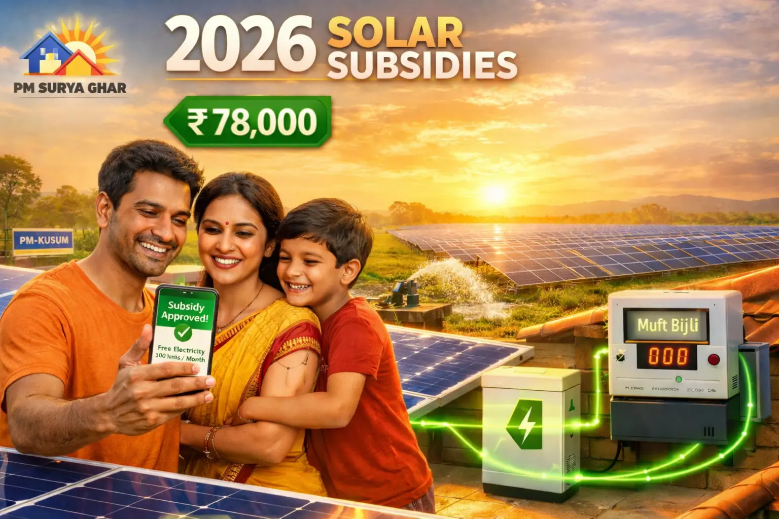 Indian family smiling on rooftop with PM Surya Ghar solar panels under sunlight, showing ₹78,000 subsidy approval on mobile app, PM-KUSUM pump in background, 2026 government schemes for solar energy in India, rooftop solar subsidy Punjab, free electricity Muft Bijli Yojana
