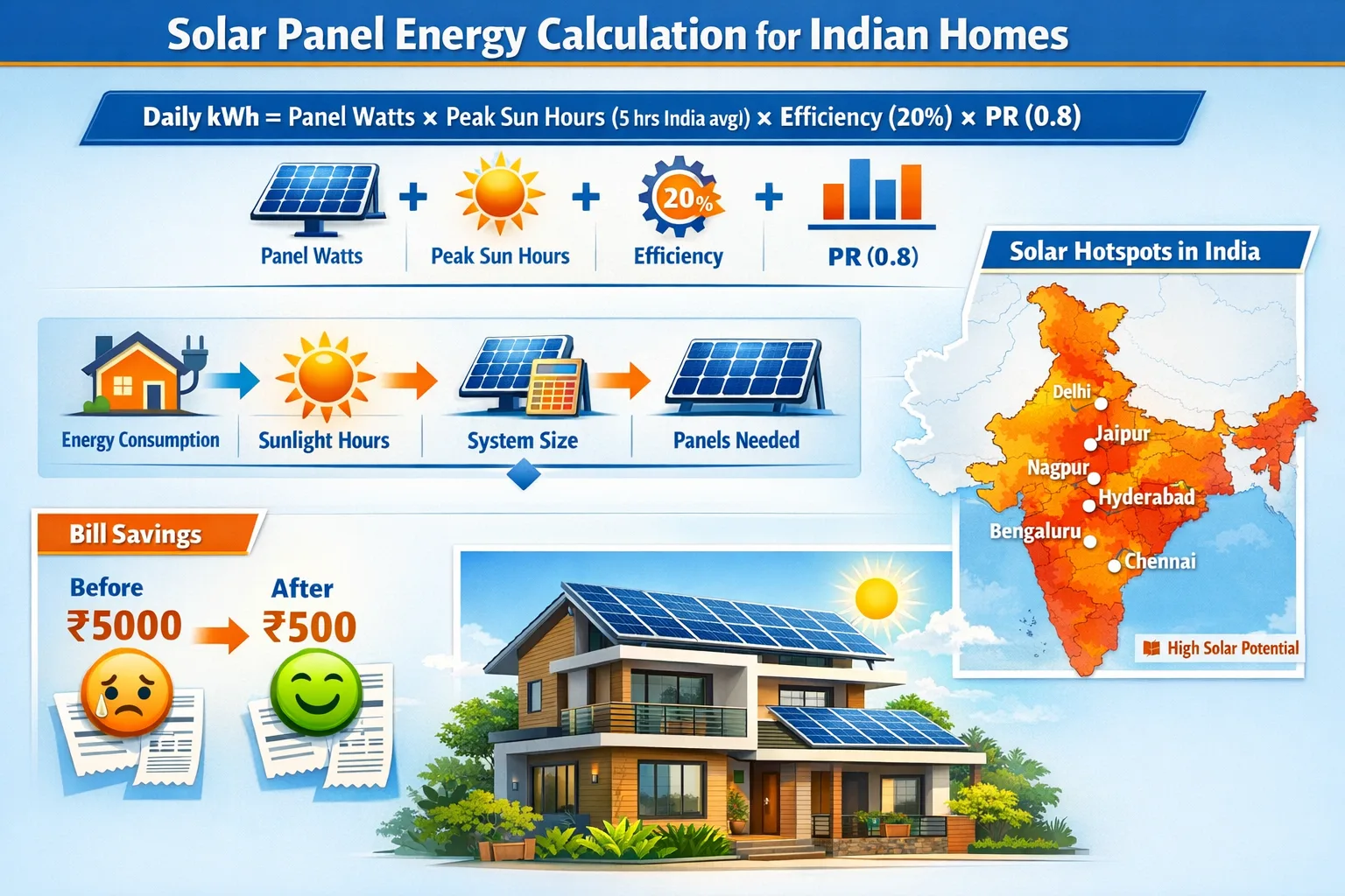 Solar panel calculation infographic for Indian homes showing energy output formula (Daily kWh = Watts × Peak Sun Hours × Efficiency × PR), step-by-step sizing flowchart, India solar insolation map, rooftop installation example, and monthly bill savings from ₹5000 to ₹500.