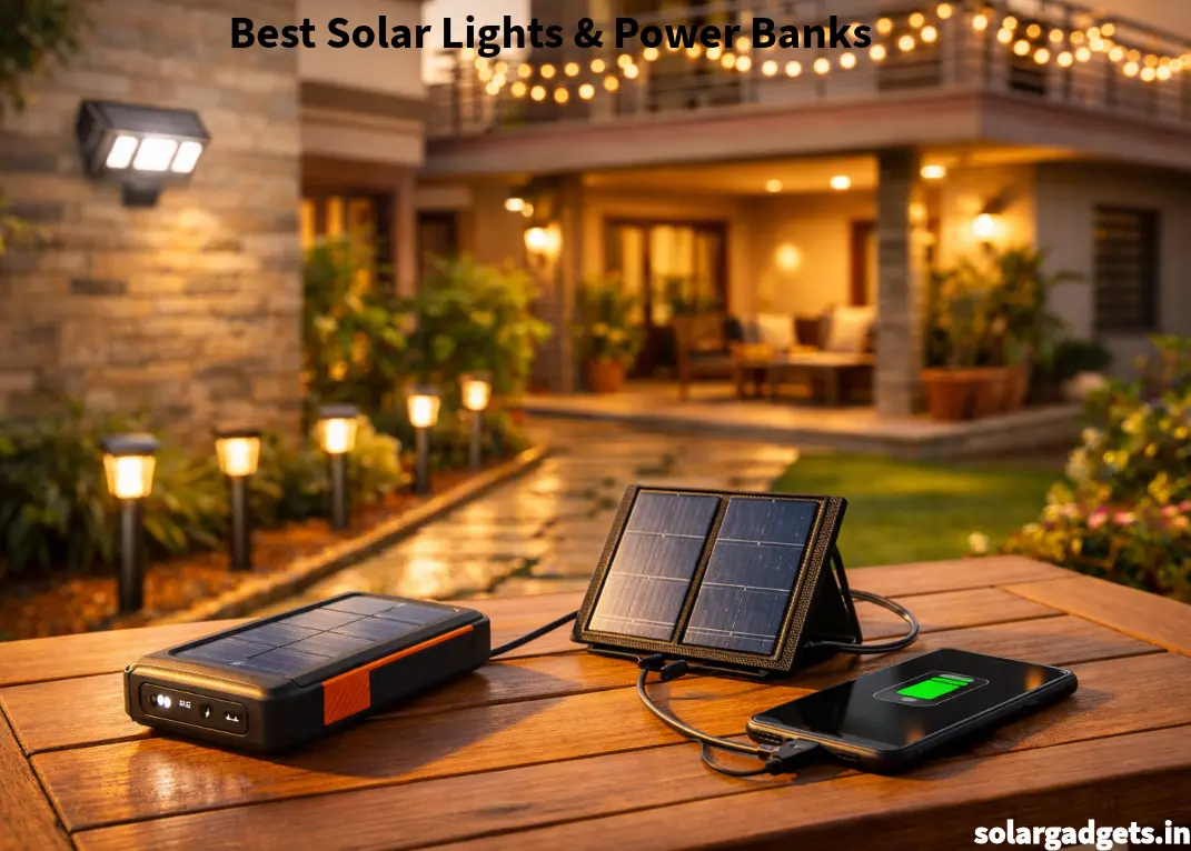 A modern Indian home courtyard at golden hour, with solar pathway lights along a stone walkway, a solar security flood light on the wall, decorative solar string lights on a balcony, and a solar power bank with solar panel charging a smartphone on a wooden table.