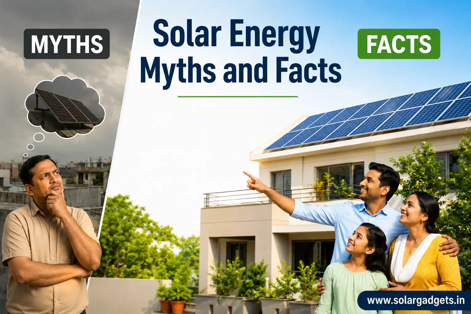 Indian rooftop solar featured image with myths vs facts text, showing a homeowner and solar panels